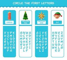 Circle the first letters of cartoon christmas. Matching game. Educational game for pre shool years kids and toddlers vector