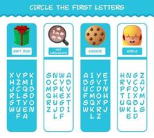 Circle the first letters of cartoon christmas. Matching game. Educational game for pre shool years kids and toddlers vector