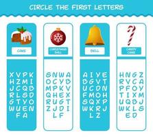 Circle the first letters of cartoon christmas. Matching game. Educational game for pre shool years kids and toddlers vector