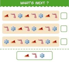 What's comes next educational game of cartoon christmas. Find the regularity and continue the row task. Educational game for pre shool years kids and toddlers vector