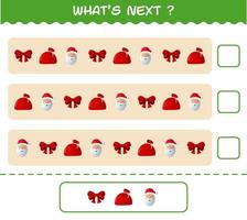 What's comes next educational game of cartoon christmas. Find the regularity and continue the row task. Educational game for pre shool years kids and toddlers vector