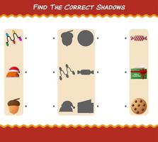 encuentra las sombras correctas de la navidad de dibujos animados. juego de búsqueda y combinación. juego educativo para niños y niños pequeños en edad preescolar vector