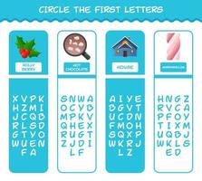 Circle the first letters of cartoon christmas. Matching game. Educational game for pre shool years kids and toddlers vector