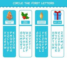 Circle the first letters of cartoon christmas. Matching game. Educational game for pre shool years kids and toddlers vector