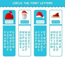 Circle the first letters of cartoon christmas. Matching game. Educational game for pre shool years kids and toddlers vector