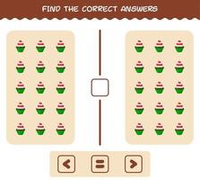 Find the correct answers of cartoon cupcake. Searching and Counting game. Educational game for pre shool years kids and toddlers vector