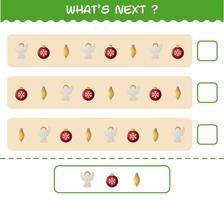 What's comes next educational game of cartoon christmas. Find the regularity and continue the row task. Educational game for pre shool years kids and toddlers vector