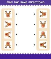 Match the same directions of reindeer. Matching game. Educational game for pre shool years kids and toddlers vector