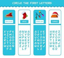 Circle the first letters of cartoon christmas. Matching game. Educational game for pre shool years kids and toddlers vector