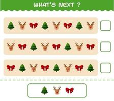 What's comes next educational game of cartoon christmas. Find the regularity and continue the row task. Educational game for pre shool years kids and toddlers vector