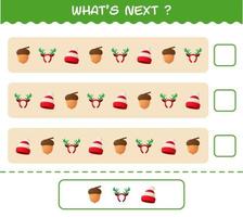 What's comes next educational game of cartoon christmas. Find the regularity and continue the row task. Educational game for pre shool years kids and toddlers vector