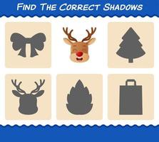 Find the correct shadows of reindeer. Searching and Matching game. Educational game for pre shool years kids and toddlers vector