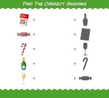 Find the correct shadows of cartoon christmas. Searching and Matching game. Educational game for pre shool years kids and toddlers vector