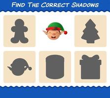 Find the correct shadows of elf. Searching and Matching game. Educational game for pre shool years kids and toddlers vector