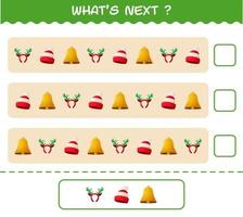 What's comes next educational game of cartoon christmas. Find the regularity and continue the row task. Educational game for pre shool years kids and toddlers vector