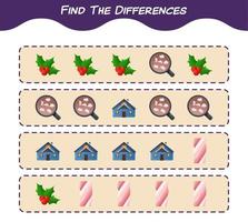 encuentra las diferencias entre dibujos animados de navidad. juego de búsqueda juego educativo para niños de edad preescolar y niños pequeños vector