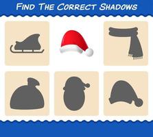 Find the correct shadows of santa hat. Searching and Matching game. Educational game for pre shool years kids and toddlers vector