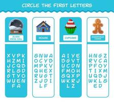 Circle the first letters of cartoon christmas. Matching game. Educational game for pre shool years kids and toddlers vector