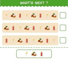 What's comes next educational game of cartoon christmas. Find the regularity and continue the row task. Educational game for pre shool years kids and toddlers vector