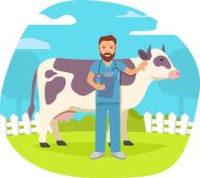 A veterinarian doctor treats a cow. Rural landscape with an animal on the farm.Rural life. Flat illustration vector cartoon character.Young man doctor.Summer landscape with trees and a fence.