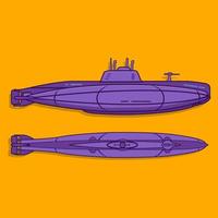 Sea submarine. Warship. Weapon of World War I and World War II. Top view and side view. Flat illustration vector. vector