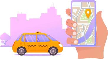 Online taxi order mobile application concept.Flat illustration vector.City skyline skyscrapers.Vehicle side view.Electro car.Hand holds a smartphone with a map. vector