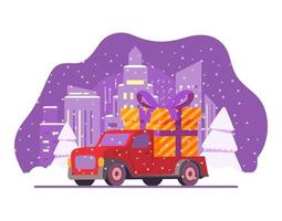 Christmas delivery truck gift box.Tied gold ribbon bow.Vector flat car illustration.Vehicle side view.Winter night city with falling snow.Winter time falling snow. Downtown area with fir trees. vector