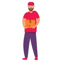 Courier delivery a box .Young postman .Cartoon character delivery guy. Isolated vector flat illustration.