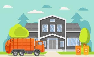 Garbage truck.Urban sanitary loader truck.City service.Vector illustration.House Home front view facade.Townhouse building.Garbage cans recycling.Separate garbage collection fee.Different colored bins vector