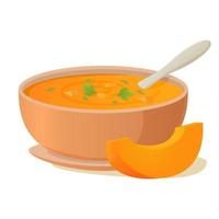 A plate of pumpkin soup with a spoon.Hot vegetable soup.Bowl of soup.Isolated on a white background.Vector realistic illustration. vector