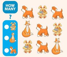 Count how many cats,hares,dogs is educational game. Maths task development of logical thinking of children.Counting cat games for preschool kids.Easter rabbit with eggs.Flat animal character vector