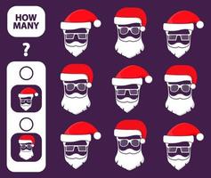 Count how many Santa Claus is educational game. Maths task development of logical thinking of children. Counting christmas character games  for preschool kids.Winter holiday.Flat vector. vector