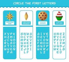 Circle the first letters of cartoon christmas. Matching game. Educational game for pre shool years kids and toddlers vector