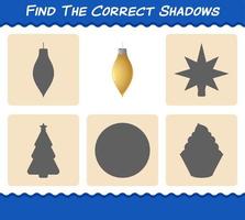 encuentra las sombras correctas del adorno navideño. juego de búsqueda y combinación. juego educativo para niños y niños pequeños en edad preescolar vector