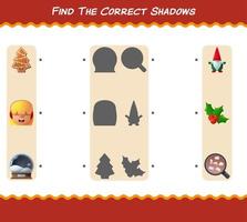 encuentra las sombras correctas de la navidad de dibujos animados. juego de búsqueda y combinación. juego educativo para niños y niños pequeños en edad preescolar vector