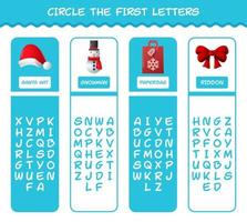 Circle the first letters of cartoon christmas. Matching game. Educational game for pre shool years kids and toddlers vector