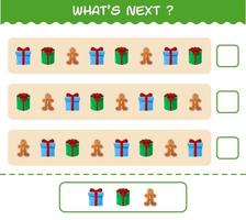 What's comes next educational game of cartoon christmas. Find the regularity and continue the row task. Educational game for pre shool years kids and toddlers vector