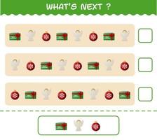 What's comes next educational game of cartoon christmas. Find the regularity and continue the row task. Educational game for pre shool years kids and toddlers vector