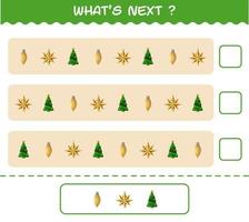 What's comes next educational game of cartoon christmas. Find the regularity and continue the row task. Educational game for pre shool years kids and toddlers vector