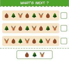 What's comes next educational game of cartoon christmas. Find the regularity and continue the row task. Educational game for pre shool years kids and toddlers vector