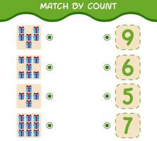 Match by count of cartoon gift box. Match and count game. Educational game for pre shool years kids and toddlers vector