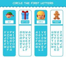 Circle the first letters of cartoon christmas. Matching game. Educational game for pre shool years kids and toddlers vector