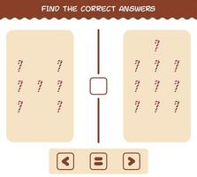 Find the correct answers of cartoon candy cane. Searching and Counting game. Educational game for pre shool years kids and toddlers vector