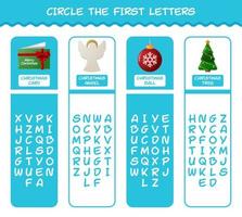 Circle the first letters of cartoon christmas. Matching game. Educational game for pre shool years kids and toddlers vector