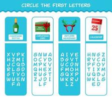 Circle the first letters of cartoon christmas. Matching game. Educational game for pre shool years kids and toddlers vector