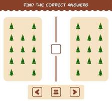 encuentra las respuestas correctas del árbol de navidad de dibujos animados. Juego de buscar y contar. juego educativo para niños y niños pequeños en edad preescolar vector