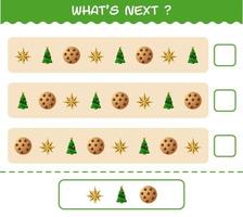 What's comes next educational game of cartoon christmas. Find the regularity and continue the row task. Educational game for pre shool years kids and toddlers vector