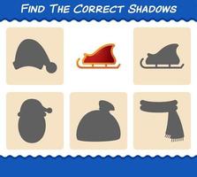 Find the correct shadows of santa sleigh. Searching and Matching game. Educational game for pre shool years kids and toddlers vector