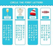 Circle the first letters of cartoon christmas. Matching game. Educational game for pre shool years kids and toddlers vector