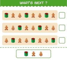 What's comes next educational game of cartoon christmas. Find the regularity and continue the row task. Educational game for pre shool years kids and toddlers vector